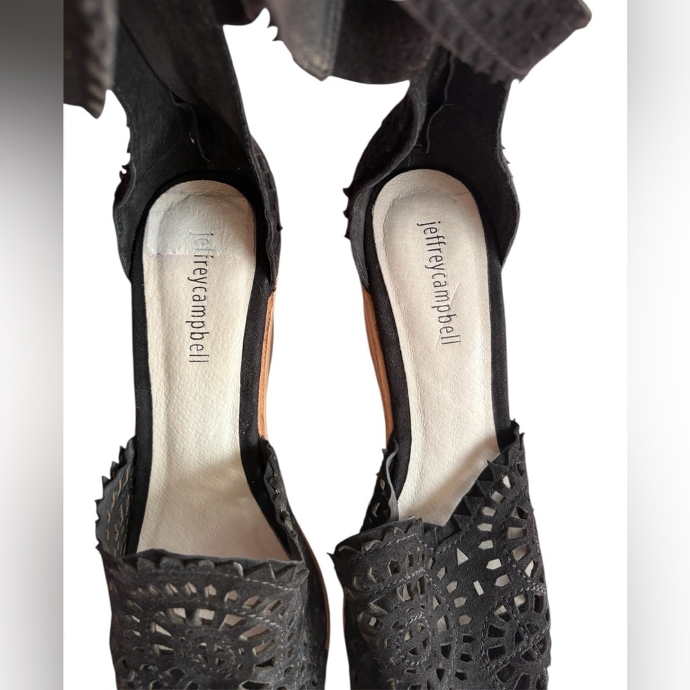 Jeffrey Campbell Del Sol Black Suede Perforated Open Toe Wedge Sandals Size 9 - Picture 3 of 7